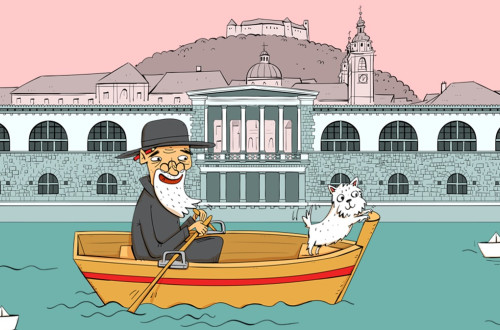 Ilustracija moskega z brado in psa, ki s colnom veslata po reki.